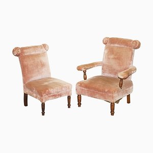 Victorian Boudoir Armchairs with Salmon Pink Velour Upholstery, Set of 2