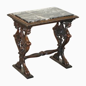 Tavolino in legno di quercia intagliato a mano con ripiano in marmo massiccio, Italia, metà XIX secolo