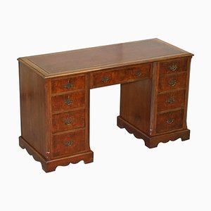 Antique Victorian Burr Walnut Twin Pedestal Partner Desk with Brown Leather Top