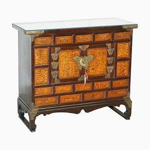 Antique Chinese Burr Elm & Brass Engraved Sideboard