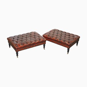 Chesterfield Brown Leather Hearth Stools, Set of 2