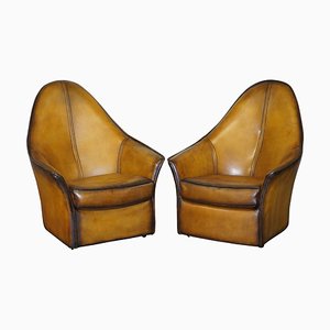 Curved Back Brown Leather Armchairs, Set of 2