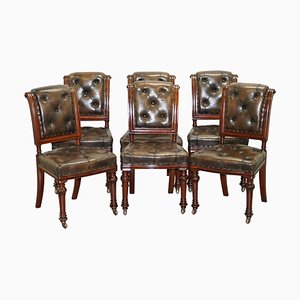 Victorian Chesterfield Brown Leather Dining Chairs from John Crowe & Sons, Set of 6