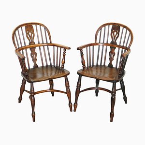 Burr Yew Wood and Elm Windsor Armchairs, 1860s, Set of 2