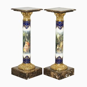 Vintage French Marble, Gilt Bronze & Porcelain Romantic Painted Pillars, Set of 2