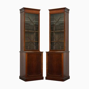 Large Tall Antique Victorian Hardwood Astral Glazed Library Bookcases, Set of 2