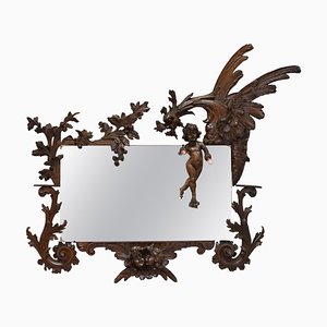 Espejo de pared muy grande tallado a mano con ángel, luces y dragón, década de 1900