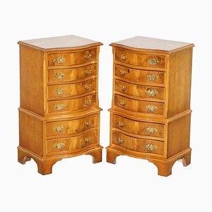 Small Burr Yew Wood Tallboy Chests of Drawers or Lamp Tables, Set of 2
