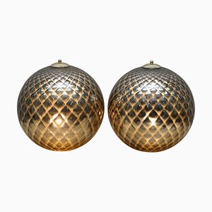 Lámparas de mesa plateadas esféricas de cristal de Murano de corte diamante. Juego de 2