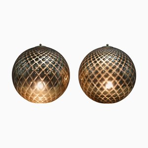 Lámparas de mesa esféricas de cristal de Murano de talla diamante en dorado. Juego de 2