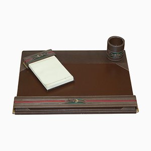 Accessori da scrivania in pelle marrone e ottone di Gucci, anni '60