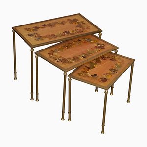 Tables Gigognes Regency Antiques en Bronze et Fleurs Pressées, France, 1920s, Set de 3