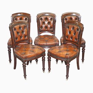 Chesterfield Brown Leather and Hardwood Dining Chairs, Set of 5