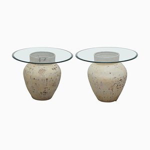 Tavolini con lampade a forma di urna in ceramica con ripiani in vetro, set di 2