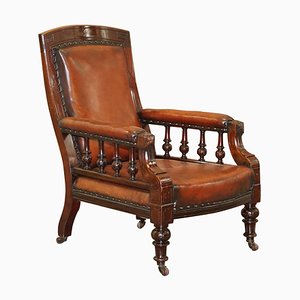 Victorian Hardwood Hand Dyed Brown Leather Library Reading Armchair