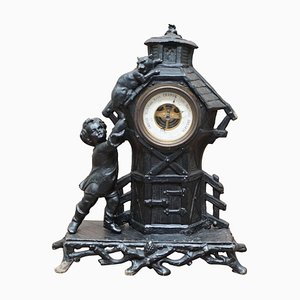 Victorian Boy Chasing a Cat Barometer in Painted Cast Iron