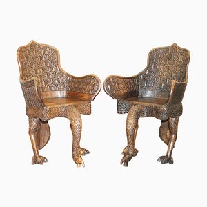 Fauteuils Paon Sculptés à la Main, Inde, 1880s, Set de 2