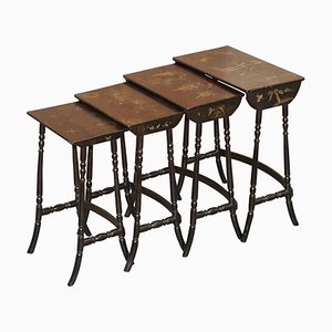 Chinese Hand Painted Chinoiserie Lacquered Tables, Set of 4