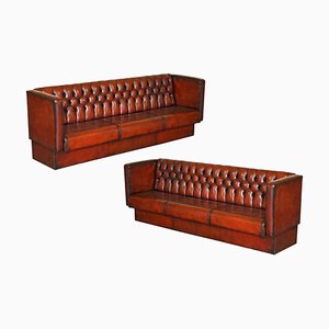 4-5 Seater Chesterfield Brown Leather Sofas, Set of 2