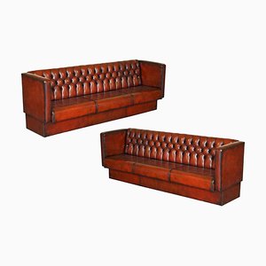 Canapés 4-5 Places Chesterfield en Cuir Marron, Set de 2