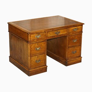 Georgianischer Partner-Schreibtisch aus Eiche & braunem Leder, 1800er