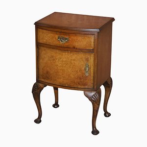 Queen Anne Burr Walnut Bedside Table with Carved Cabriole Legs
