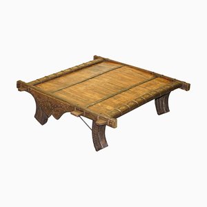 Tavolino da caffè antico tibetano in legno di recupero e metallo