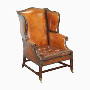 Victorian Chesterfield Chippendale Brown Leather Wingback Armchair