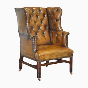 Victorian Chesterfield Cigar Brown Leather Wingback Armchair