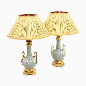 Lámparas de porcelana Celadon y bronce dorado de Maison Gagneau, década de 1880. Juego de 2