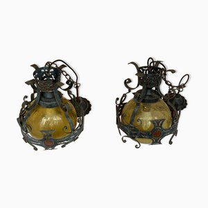 Brutalist Dutch Hammered Iron Lamps, Set of 2