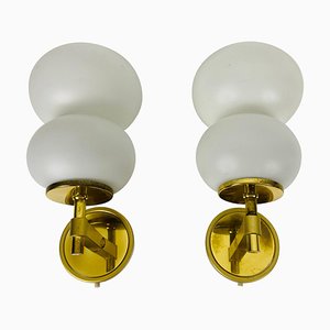 Brass and Opaline Glass Wall Lamps, Italy, 1960s, Set of 2