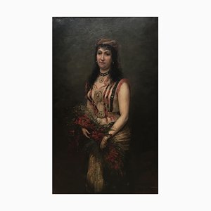 Blanche Pierron, Giovane donna in costume orientale e bouquet di fiori, 1912
