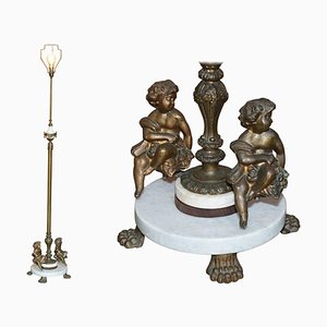 Lampada da terra in marmo e ottone con putti, anni '20