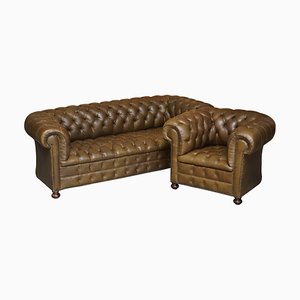 Vintage Chesterfield Sofa & Sessel aus Olivgrünem Leder, 2er Set