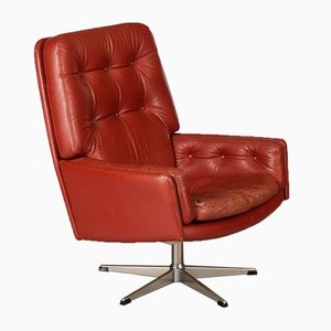 Vintage Danish Red Leather Swivel Chair, 1960s