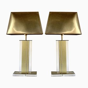 Gold and Clear Acrylic Glass Table Lamps, Belgium, 1970s, Set of 2