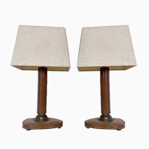 Lámparas de mesa francesas de cuero cosido y latón, años 60. Juego de 2
