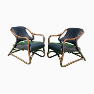 Set of Bamboo Lounge Chairs with Skai Leather