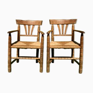 Set of German Bobbin Turned Side Chairs with Rush Seats