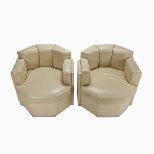 Postmodern Octagonal Cream Leather Lounge Chairs, 1980s, Set of 2