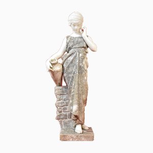 Statue de Femme Antique avec Amphore en Albâtre et Marbre par Pugi, 19ème Siècle