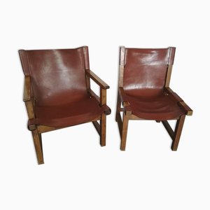 Armchair & Armless Chair in Walnut & Leather by Paco Muños for Darro, 1959, Set of 2