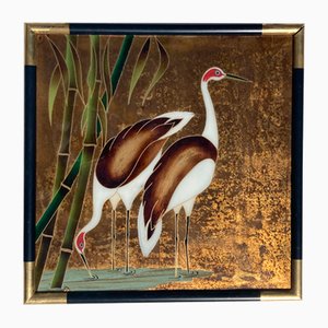 Chinese Reverse Glass Painting of Crane Birds or Egrets, 1960s