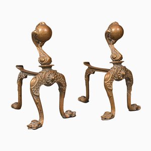 Accessori da camino antichi decorativi in ottone, Francia, set di 2