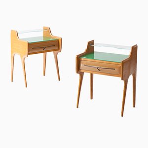 Bedside Tables in Oak with Green Glass Top, Italy, 1950s, Set of 2