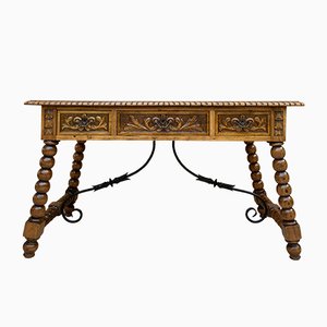 19th-Century French Hand Carved Oak Desk with Iron Stretcher & Solomonic Legs