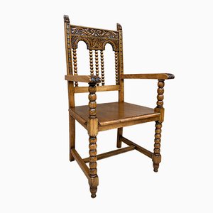 19th-Century French Carved Oak Turned Wood Armchair