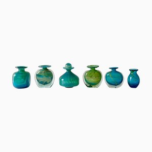 Jarrones de vidrio azul turquesa y verde de Mdina, años 60. Juego de 6