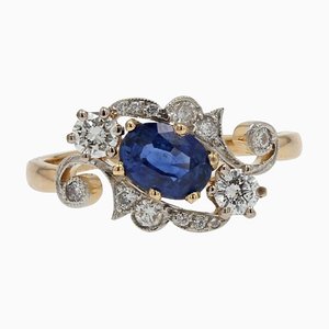 Modern Sapphire Diamonds 18 Karat Yellow Gold Platinum Engagement Ring